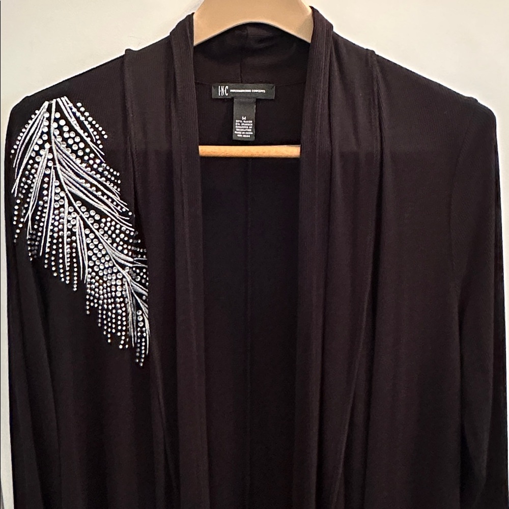 I.N.C. Glam Feather Rhinestone Embellished Open Front Duster Cardigan Size M - Picture 3 of 11